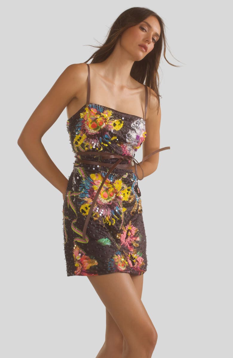 Cynthia Rowley SATIN EMBELLISHED LEATHER STRAPS DRESS, Alternate, color, 