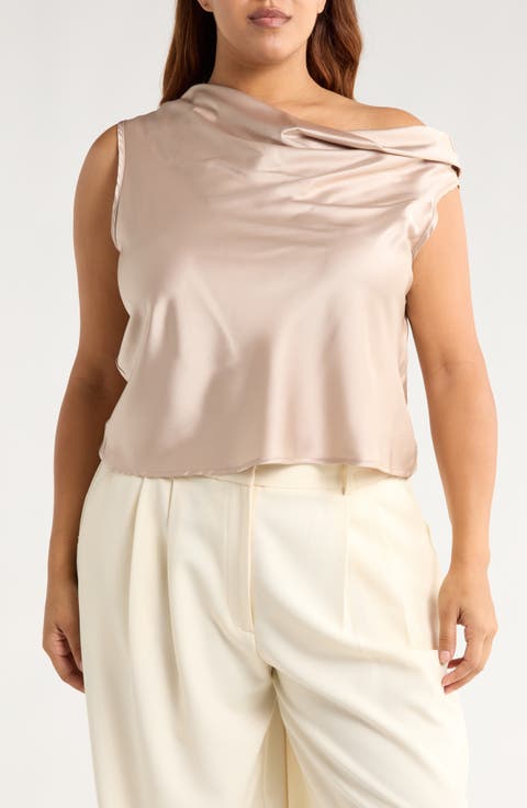Cowl Off Shoulder Satin Top (Plus)