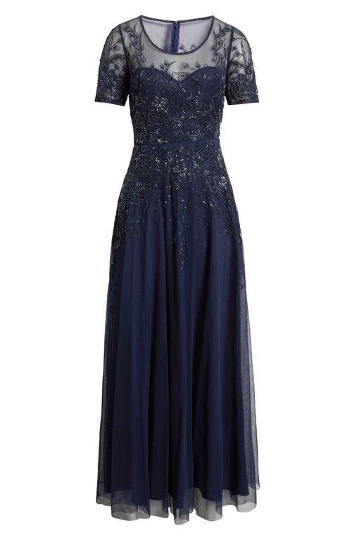 Pisarro Nights Embellished Illusion Neck Gown In Blue