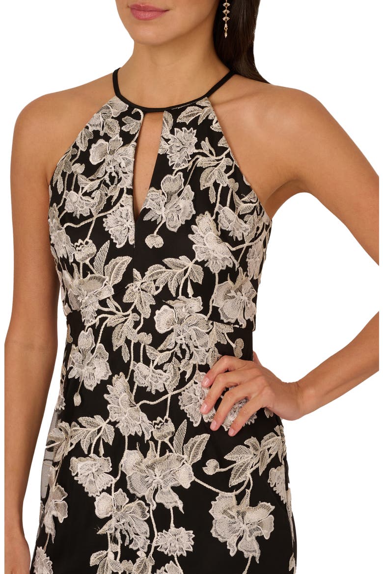 Embroidered Godet Gown, Alternate, color, BLACK/ IVORY