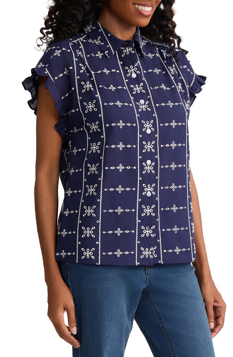 Jones New York Embroidered Shirt, Alternate, color, Pacific Navy / Natural White