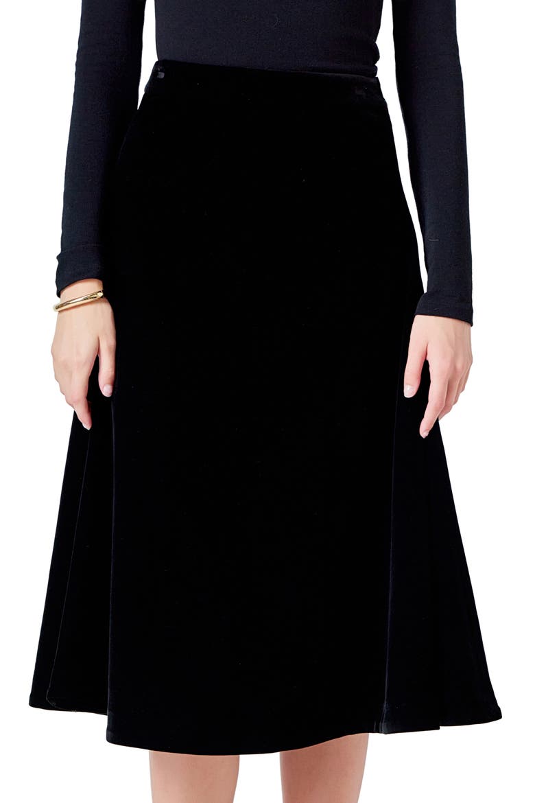 Velvet Circle Midi Skirt, Alternate, color, BLACK