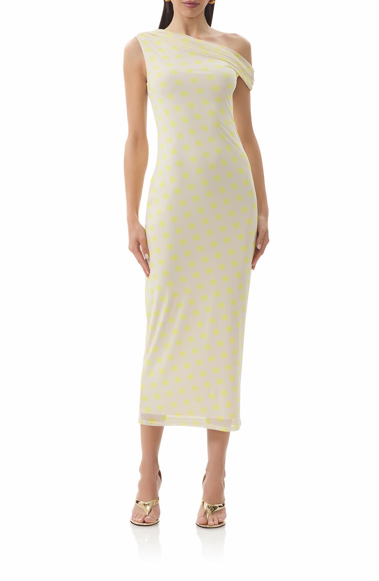 AFRM Holden Yellow Polka Dot One-Shoulder Mesh Midi Dress, Main, color, Sun Dot