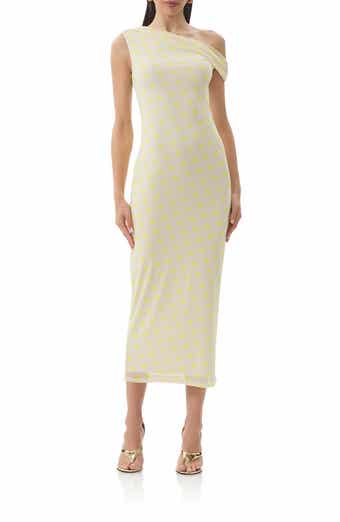AFRM Holden Yellow Polka Dot One-Shoulder Mesh Midi Dress