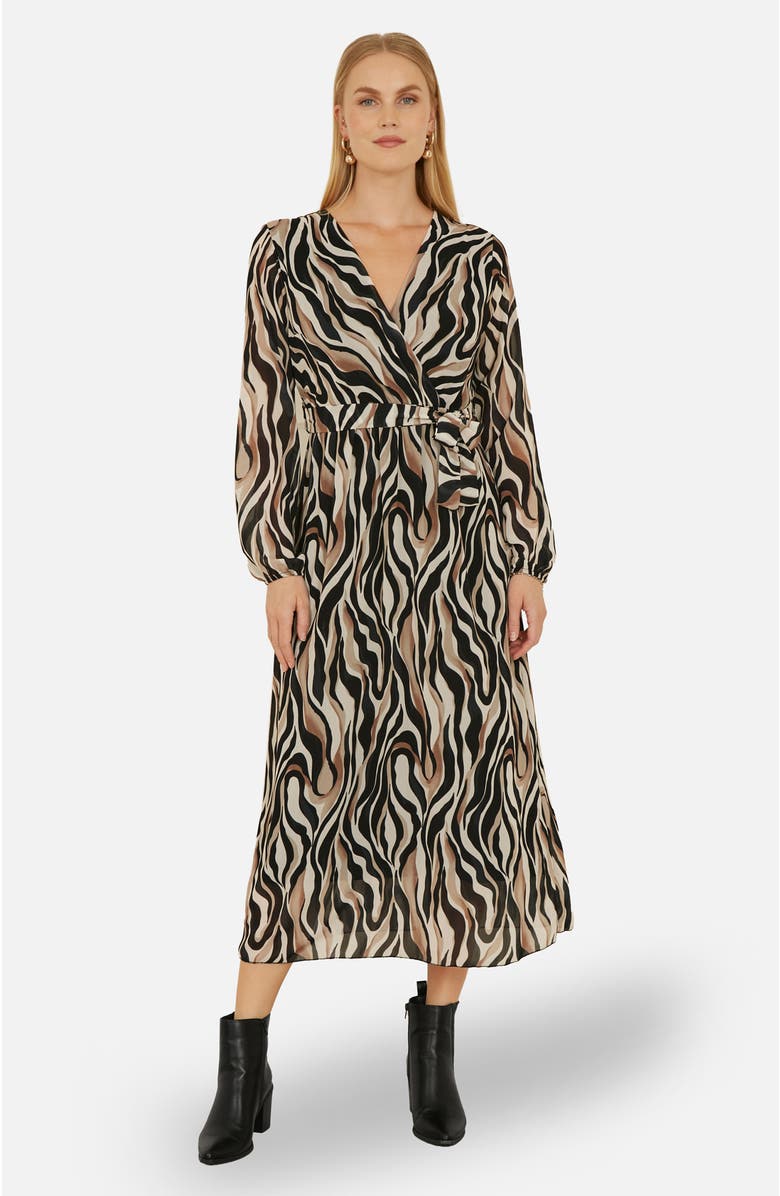 Yumi Animal Swirl Midi Wrap Dress, Main, color, Black