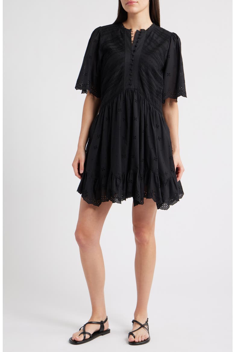 Eyelet Flutter Sleeve Cotton Minidress, Main, color, TRUE BLACK