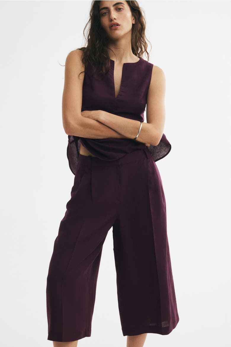 Wide-leg Linen-blend Culottes, Alternate, color, Dark purple