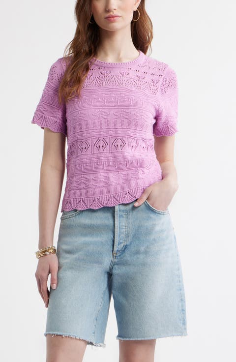 Pointelle Cotton Crewneck Sweater