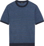 Theory Stripe Short Sleeve Linen & Cotton Blend Crewneck Sweater