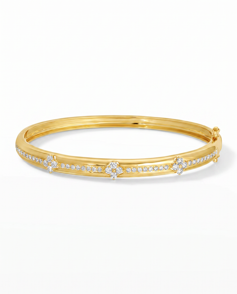 Diamond Pave & Flower Accent Bangle Bracelet 14K