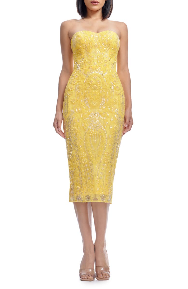 Dress the Population Shailene Sequin Strapless Cocktail Dress, Main, color, Canary