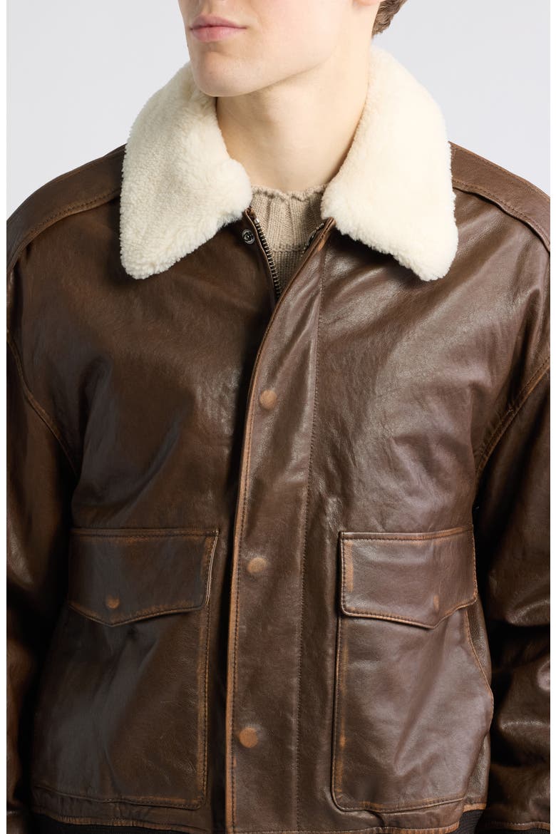 Unisex Detachable Genuine Shearling Collar Leather Bomber Jacket, Alternate, color, BROWN