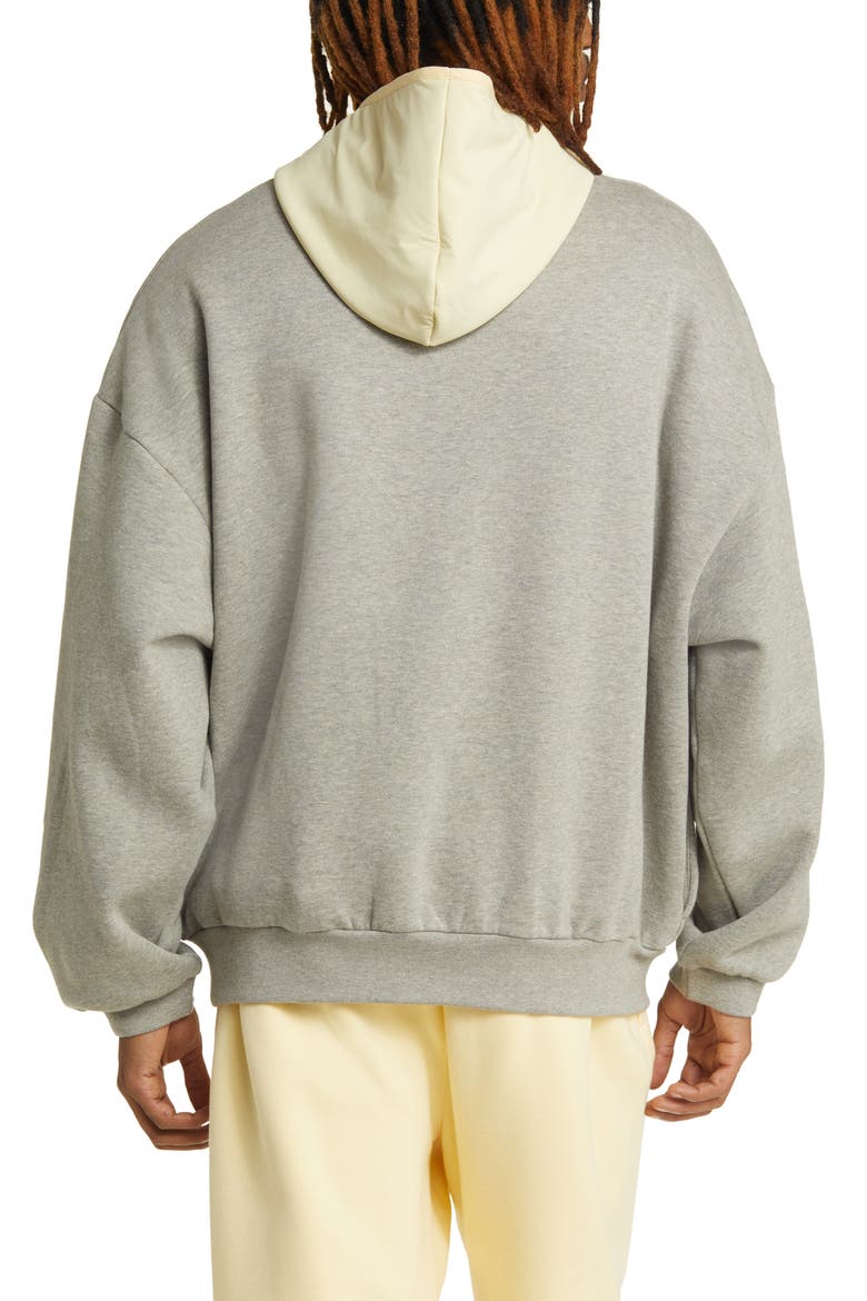 Essentials Logo Oversize Fleece & Nylon Hoodie, Alternate, color, DARK HEATHER OATMEAL/YELLOW