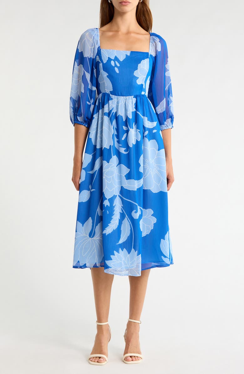 SUGARLIPS Seabloom Floral Amaretto Puff Shoulder Dress, Main, color, Cobalt-Blue