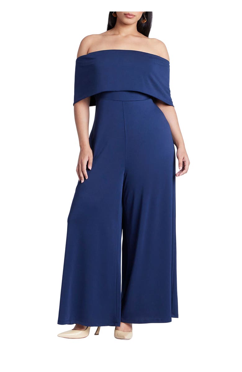 ELOQUII Off Shoulder Jumpsuit, Main, color, Navy Blazer