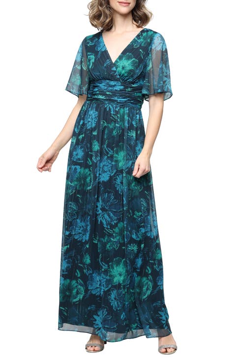 Metallic Floral Print Chiffon Dress