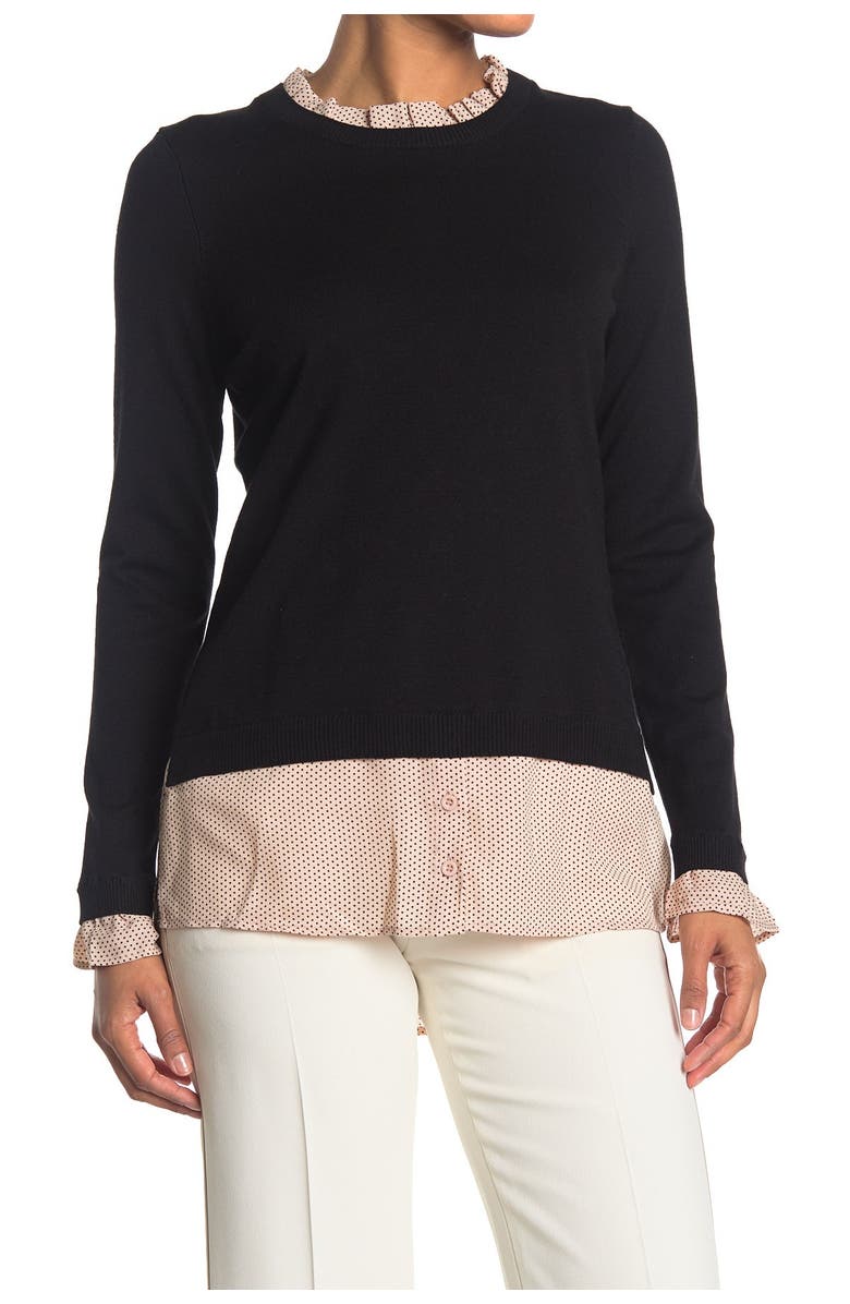 Adrianna Papell Polka Dot Ruffle Neck Twofer Sweater, Main, color, 