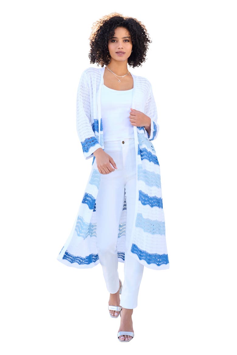 Long Pointelle Cardigan Sweater, Main, color, WHITE BLUE