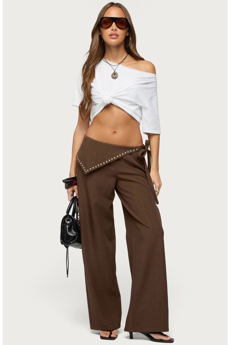 Avery Studded Foldover Low Rise Wide Leg Pants, Alternate, color, BROWN