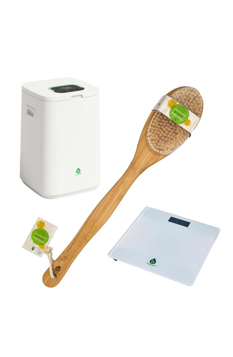 PURSONIC Bathroom Essential Set Luxury Towel Warmer Bucket, Digital Scale, and Ecological Bath Body Brush, Main, color, White