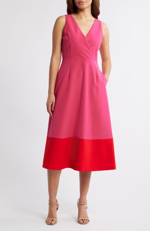 Anne Klein Colorblocked Midi Dress In Fuchsia Rose/poppy