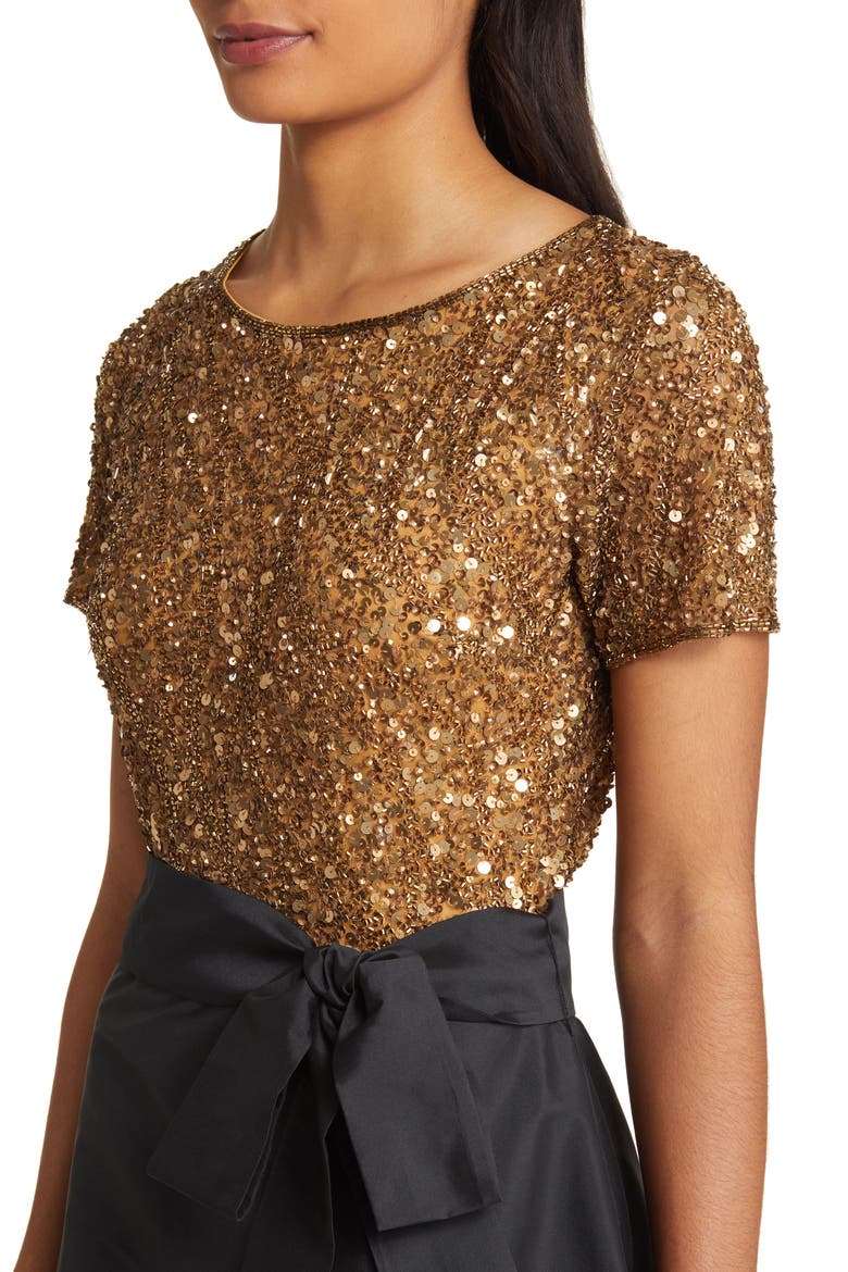 Beaded Bodice Mixed Media Gown, Alternate, color, GOLD