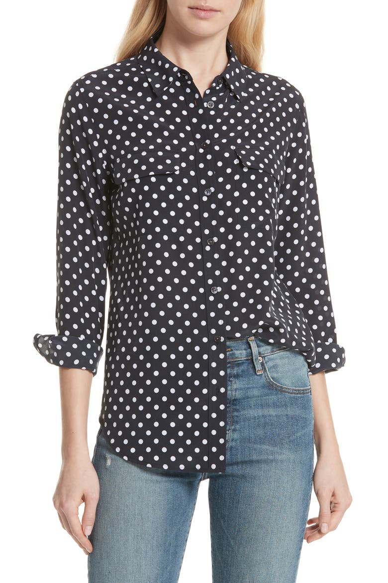 Slim Signature Polka Dot Silk Shirt, Main, color, ECLIPSE/ BRIGHT WHITE