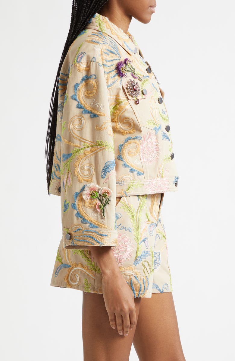Cinq à Sept Addie Beaded Embroidered Detail Trucker Jacket, Alternate, color, Khaki Multi