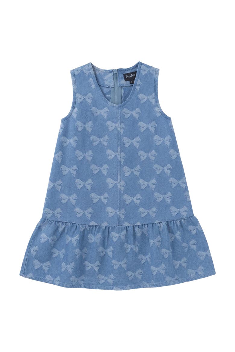 Bow Denim Ruffle Hem Invisible Zipper Jumper, Main, color, Light Denim