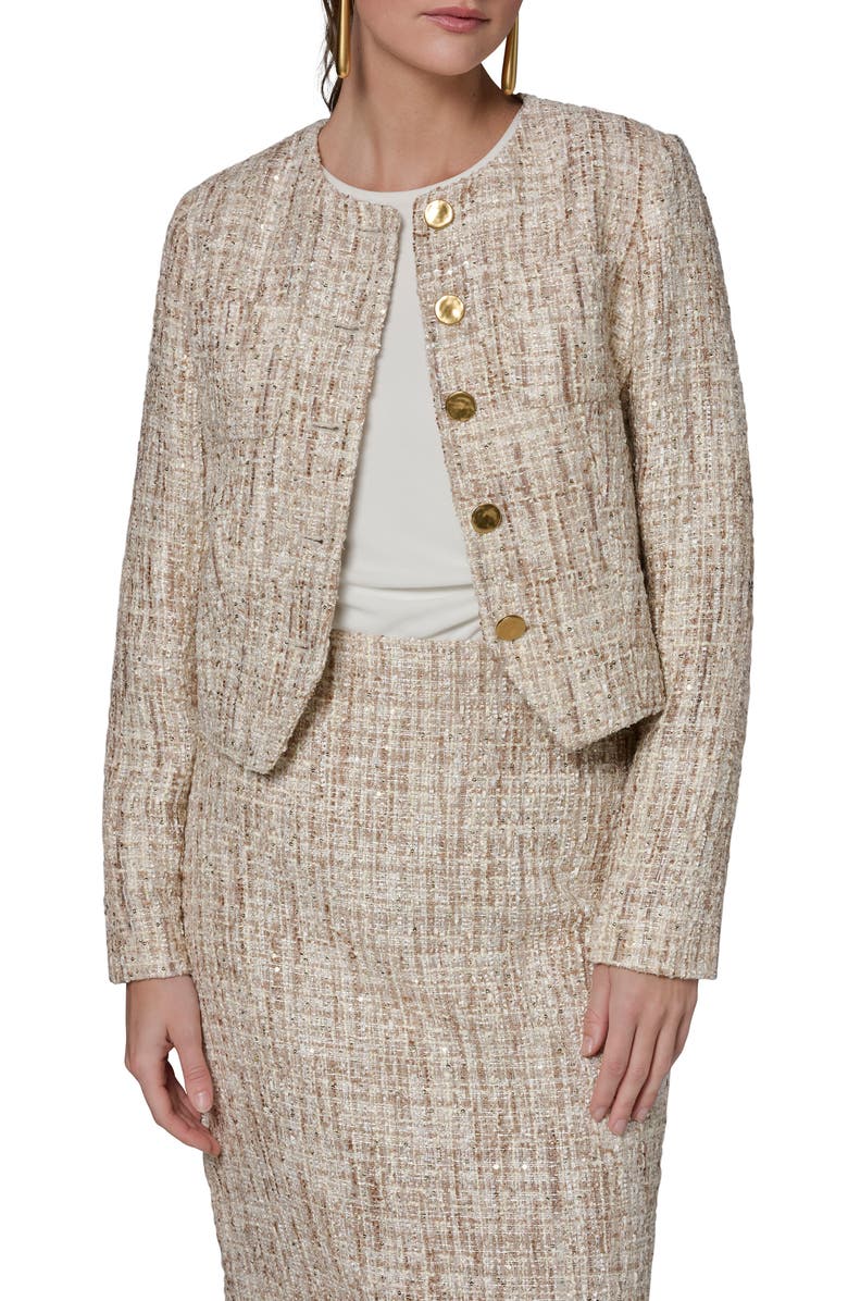 Donna Karan New York Sequin Tweed Blazer, Main, color, Dark Beige/ Cream Multi