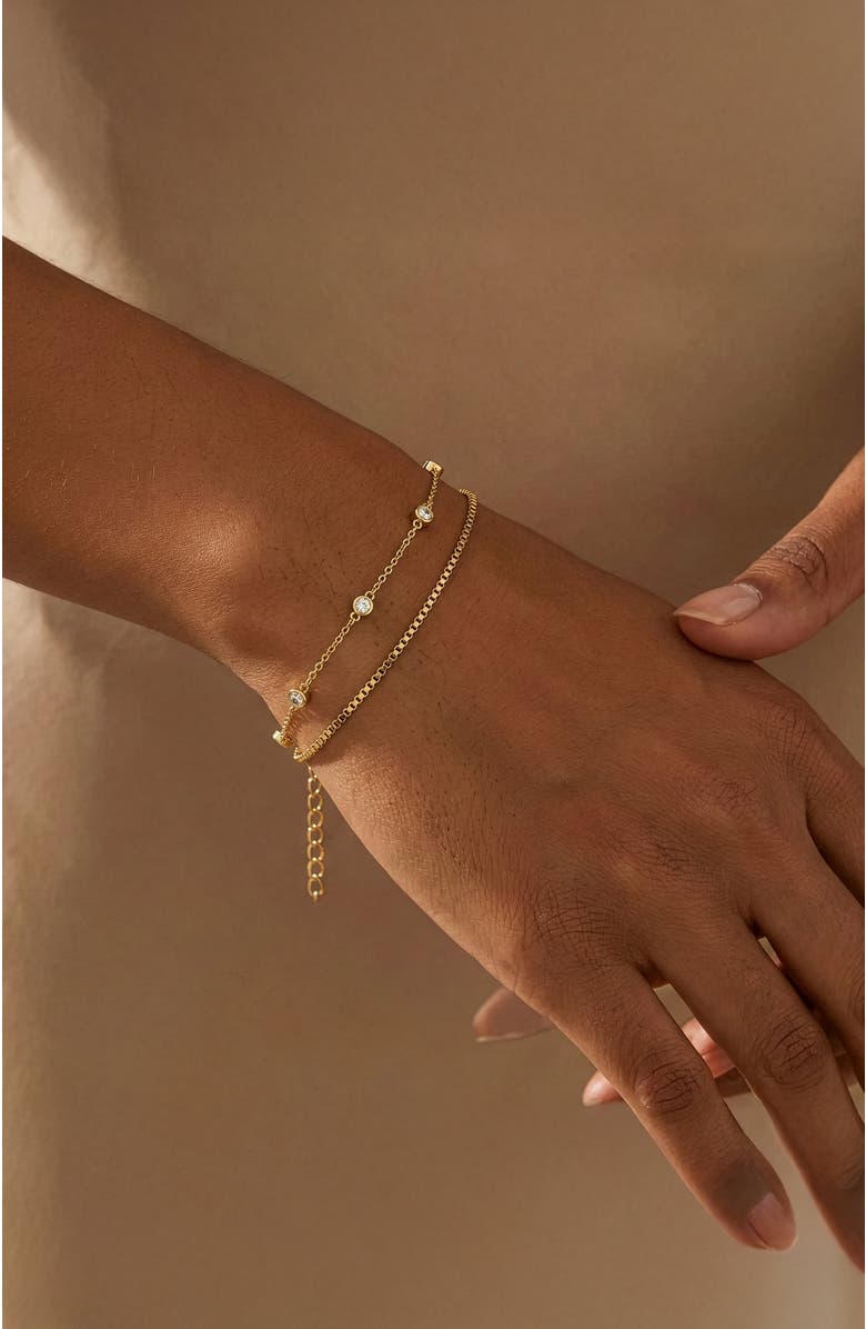 Mint & Lily Bezel Set Diamond Bracelet and Box Chain Bracelet Stacking Set, Alternate, color, Gold