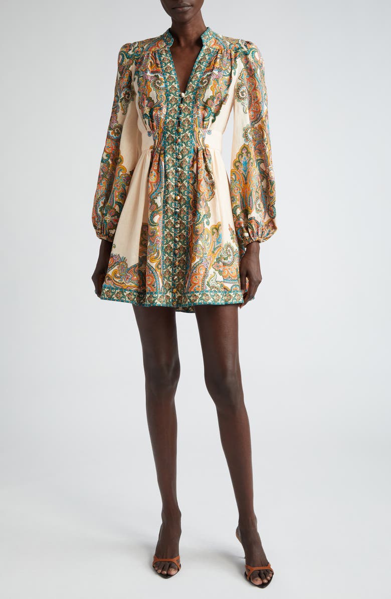 Zimmermann Ottie Paisley Long Sleeve Linen Minidress, Main, color, 