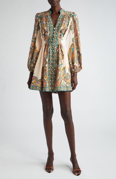 Ottie Paisley Long Sleeve Linen Minidress