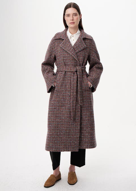 Belted Woven Midi Coat With Pockets