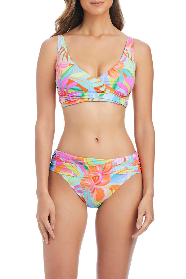 Print Banded Wrap Bikini Top, Alternate, color, PINK MULTI