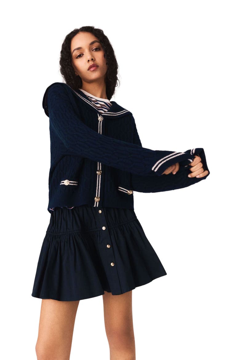 Boat neck cable-knit cardigan, Alternate, color, Navy