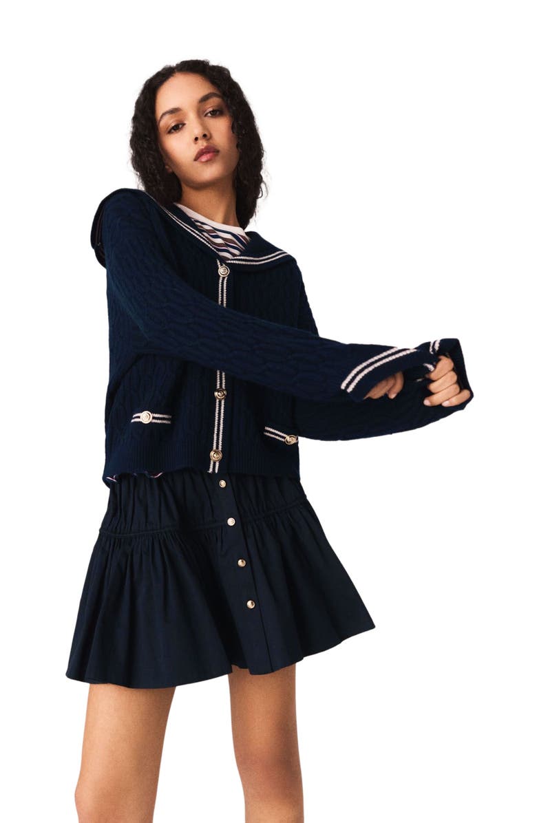 maje Boat neck cable-knit cardigan, Alternate, color, Navy