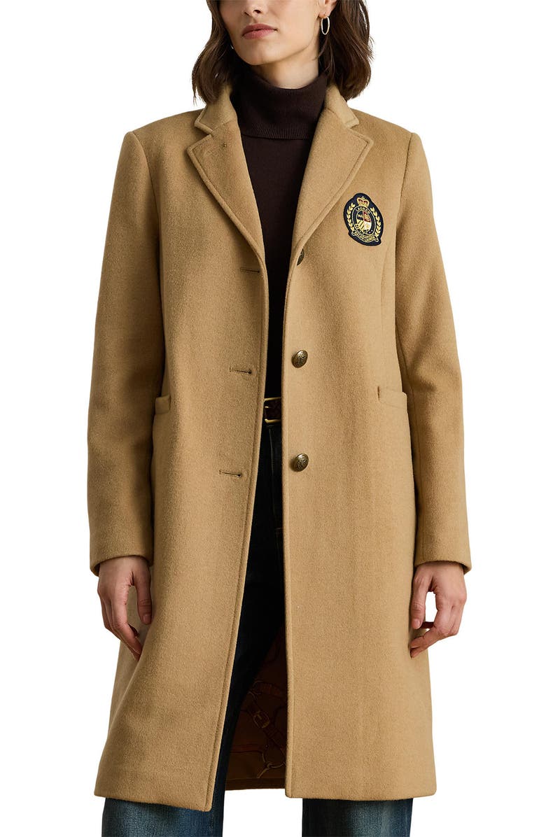 Lauren Ralph Lauren Logo Patch Wool Blend Jacket, Alternate, color, Camel