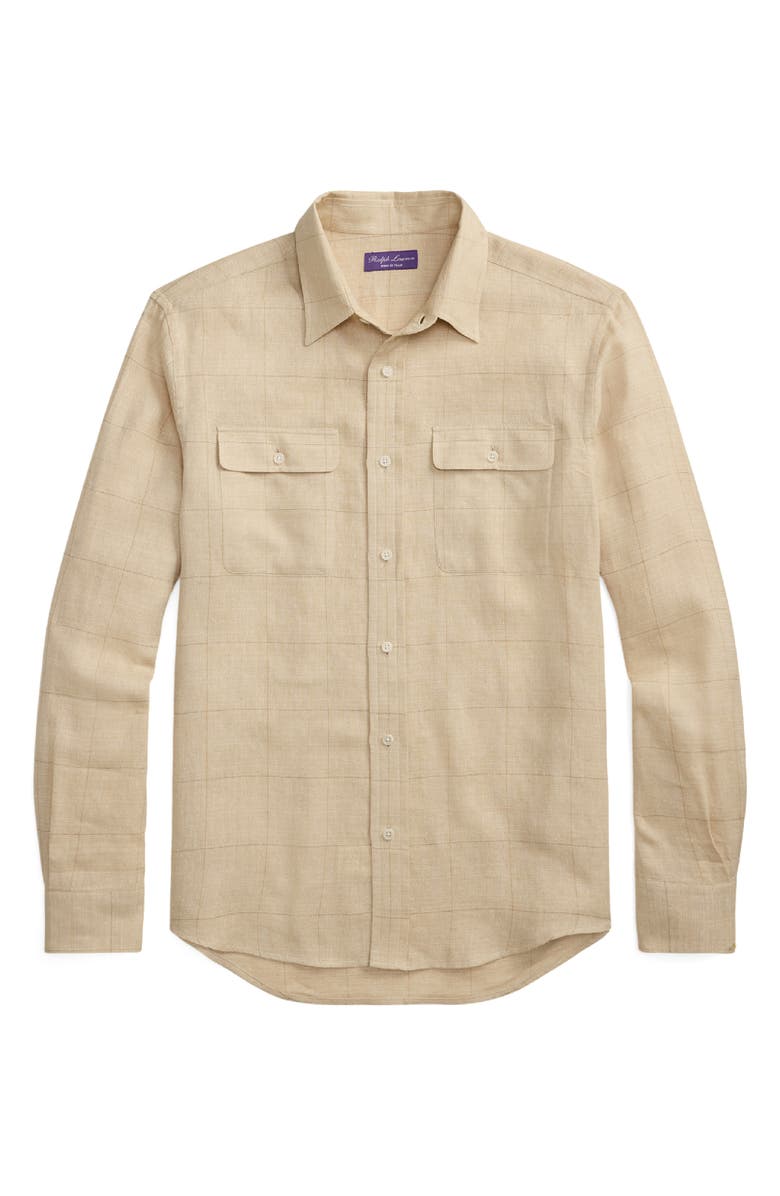 Ralph Lauren Purple Label Windowpane Plaid Linen & Silk Blend Button-Up Shirt, Alternate, color, Classic Tan