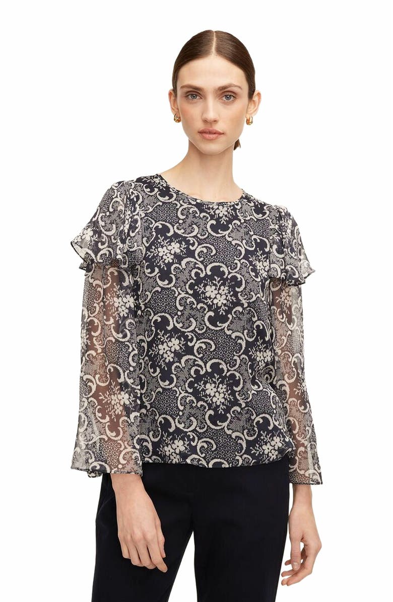 Rebecca Taylor Rochelle Fleur Ruffle Silk Blouse, Main, color, Rochelle Fleur Navy Combo