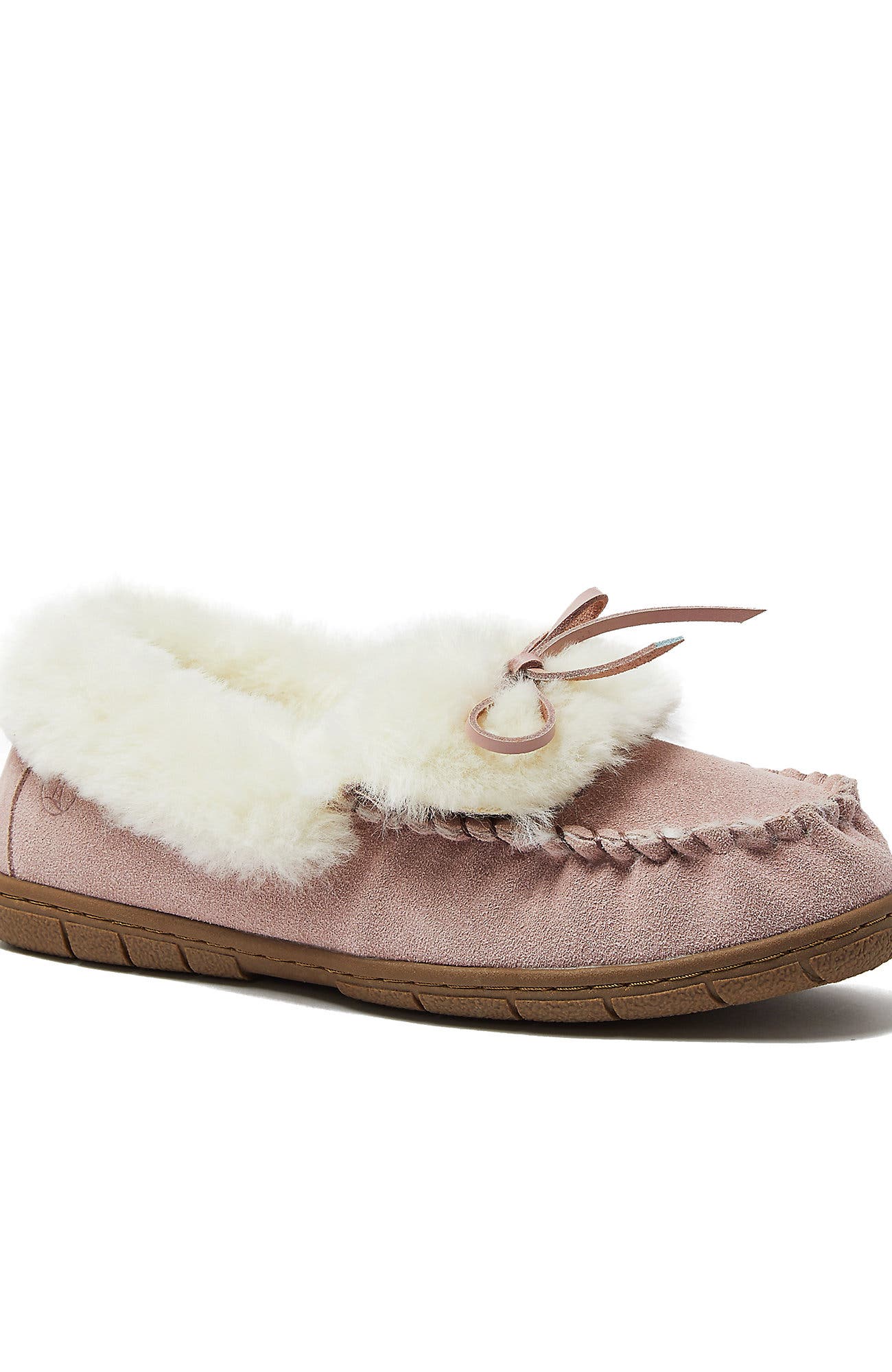 Fluffy Lined Indoor Outdoor Moccasin Slippers, Alternate, color, Cameo Rose Suede