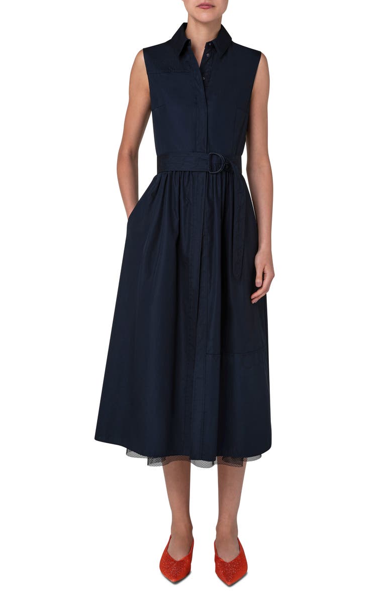 Akris punto Belted Poplin & Layered Mesh Midi Shirtdress, Alternate, color,