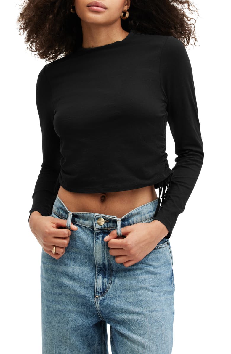 AllSaints Beta Ruched Funnel Neck Crop Top, Main, color, Jet Black