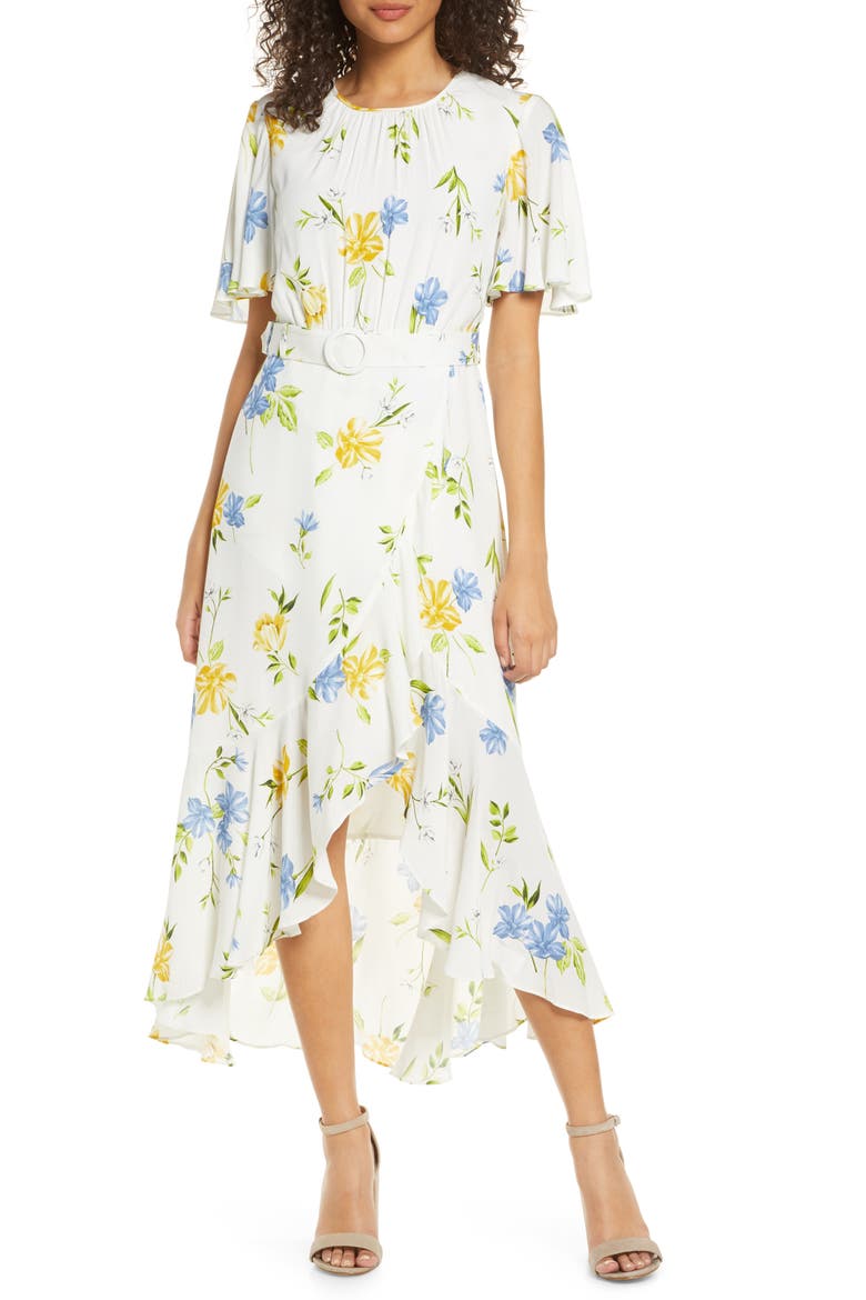 Emina Floral Asymmetrical Midi Dress, Main, color, EMINA SUMMER WHITE MULTI