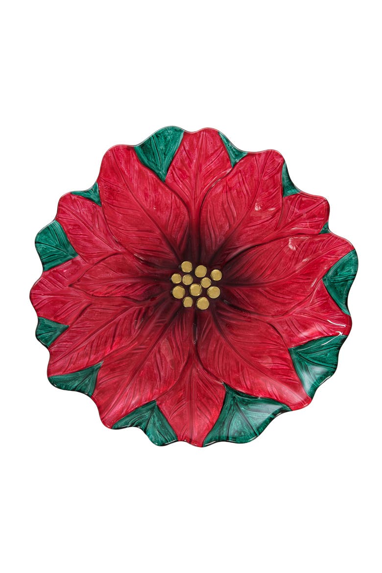 Poinsettia Glass Decorative Christmas Plate, Main, color, Green