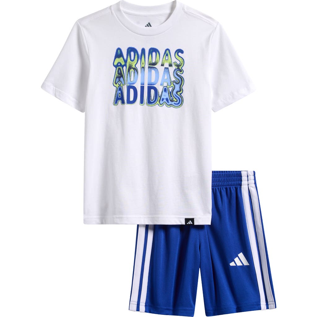 Adidas Originals Adidas Kids' Logo Graphic T-shirt & 3-stripes Shorts Set In White/blue