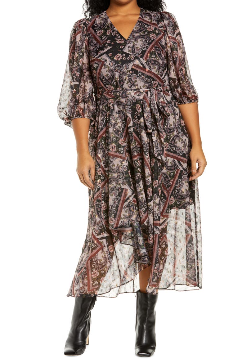 Paisley Metallic Dot Chiffon High-Low Dress, Main, color, MAUVE