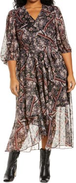 Eliza J Paisley Metallic Dot Chiffon High-Low Dress