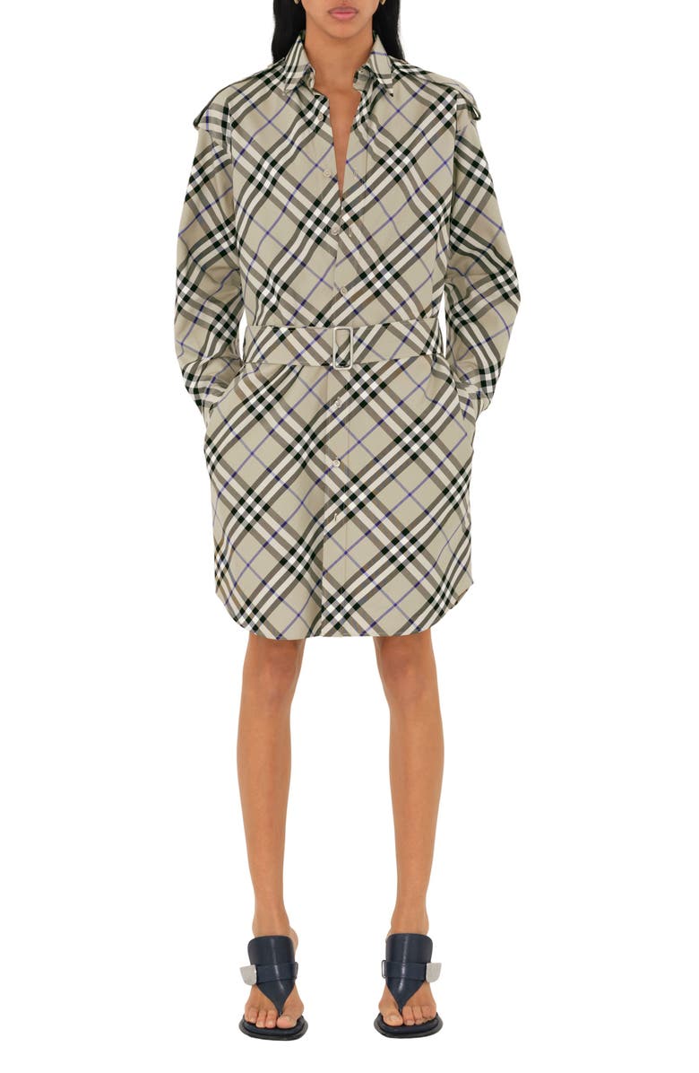 Burberry Check Long Sleeve Belted Cotton Twill Shirtdress, Main, color, 