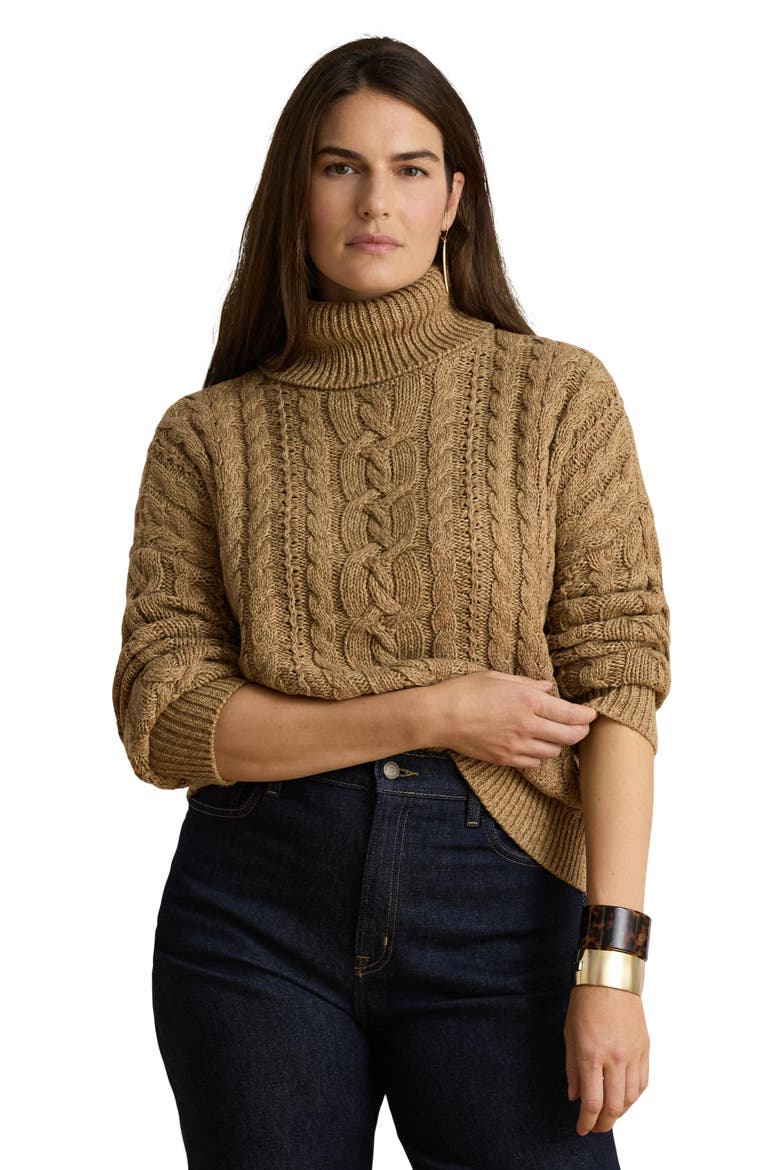 Cable Knit Cotton Turtleneck Sweater, Alternate, color, BROWN